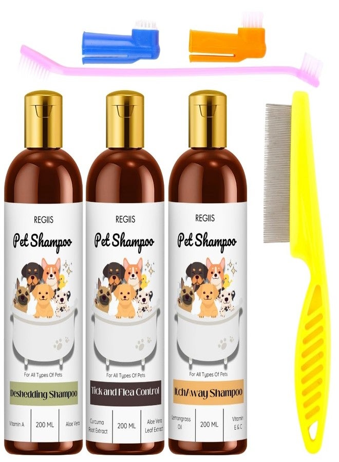 Regiis Pet Shampoo Set with Deshedding, Tick and Flea Control, Itch Away Formulas, 200ml Bottles, 3 Pack with Grooming Brushes(Pack of 5) - Image 1